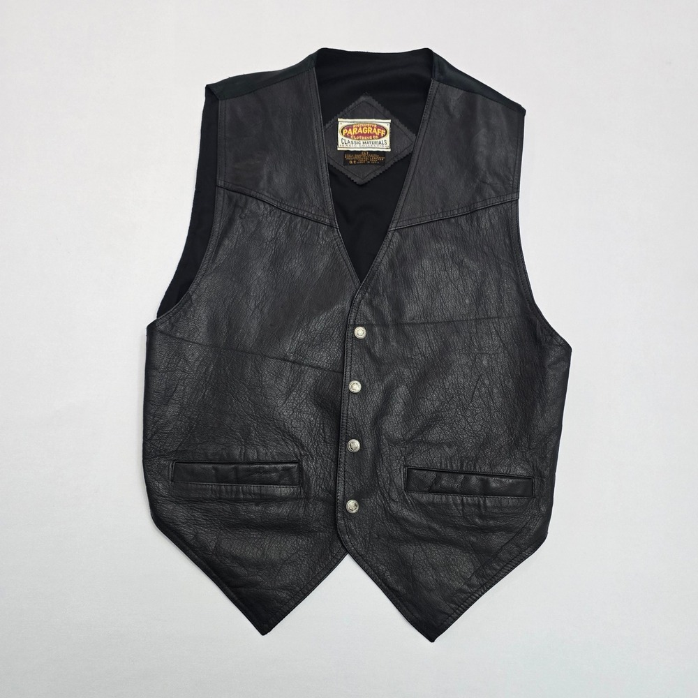 Paragraff Mens Black Genuine Leather Vest Biker Western Waistcoat Size L